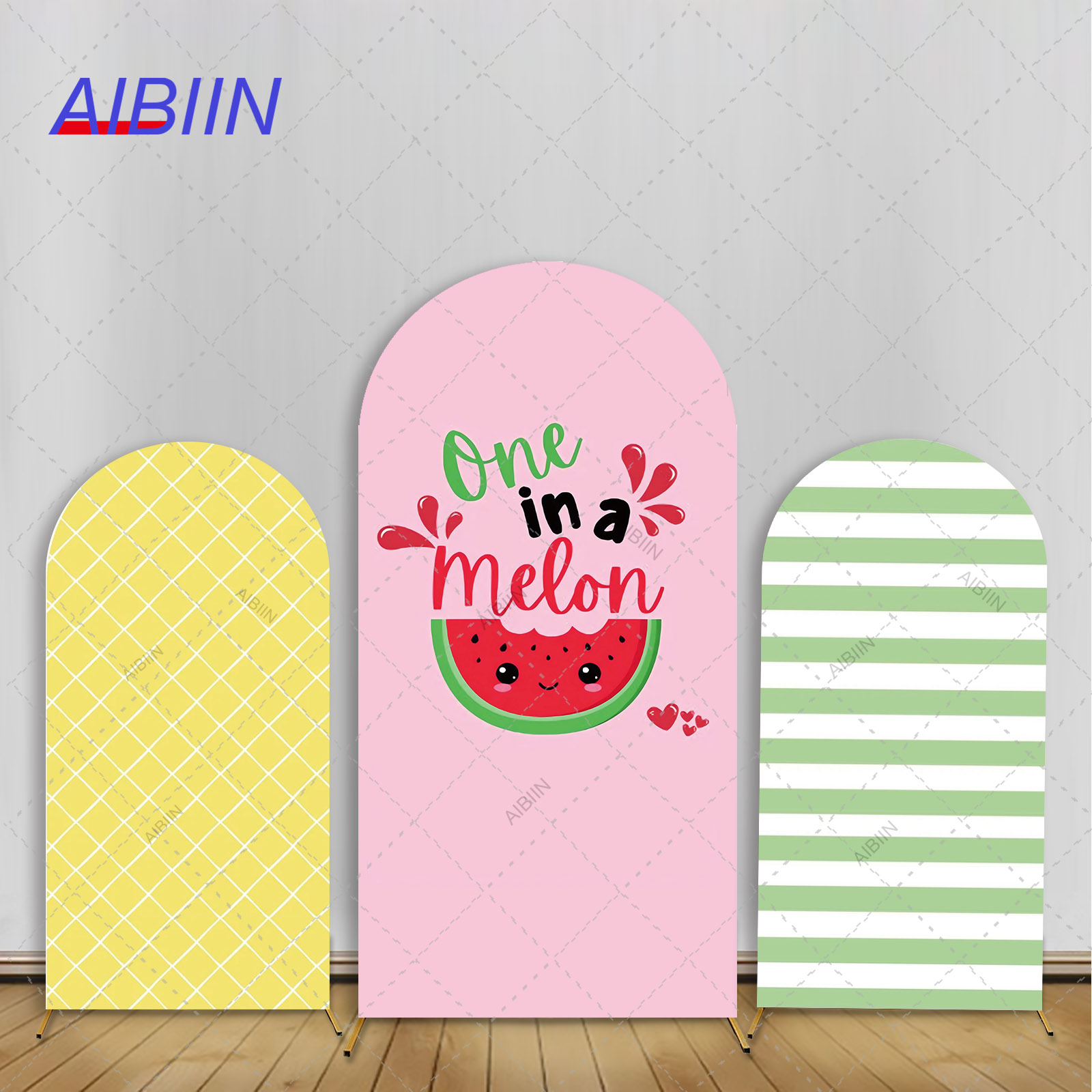 Baby Food Yellow - 夏メロンアーチ背景カバーイエローグリッドグリーンストライプレッドかわいいスイカ1年ベビーケーキパーティー装飾背景