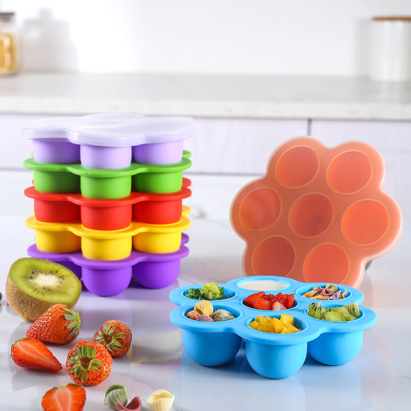 Freezer Tray Baby - 7穴再利用可能シリコン製ベビーフード冷凍トレイ、卵型保存容器、BPAフリー、蓋付きベビーフード保存容器