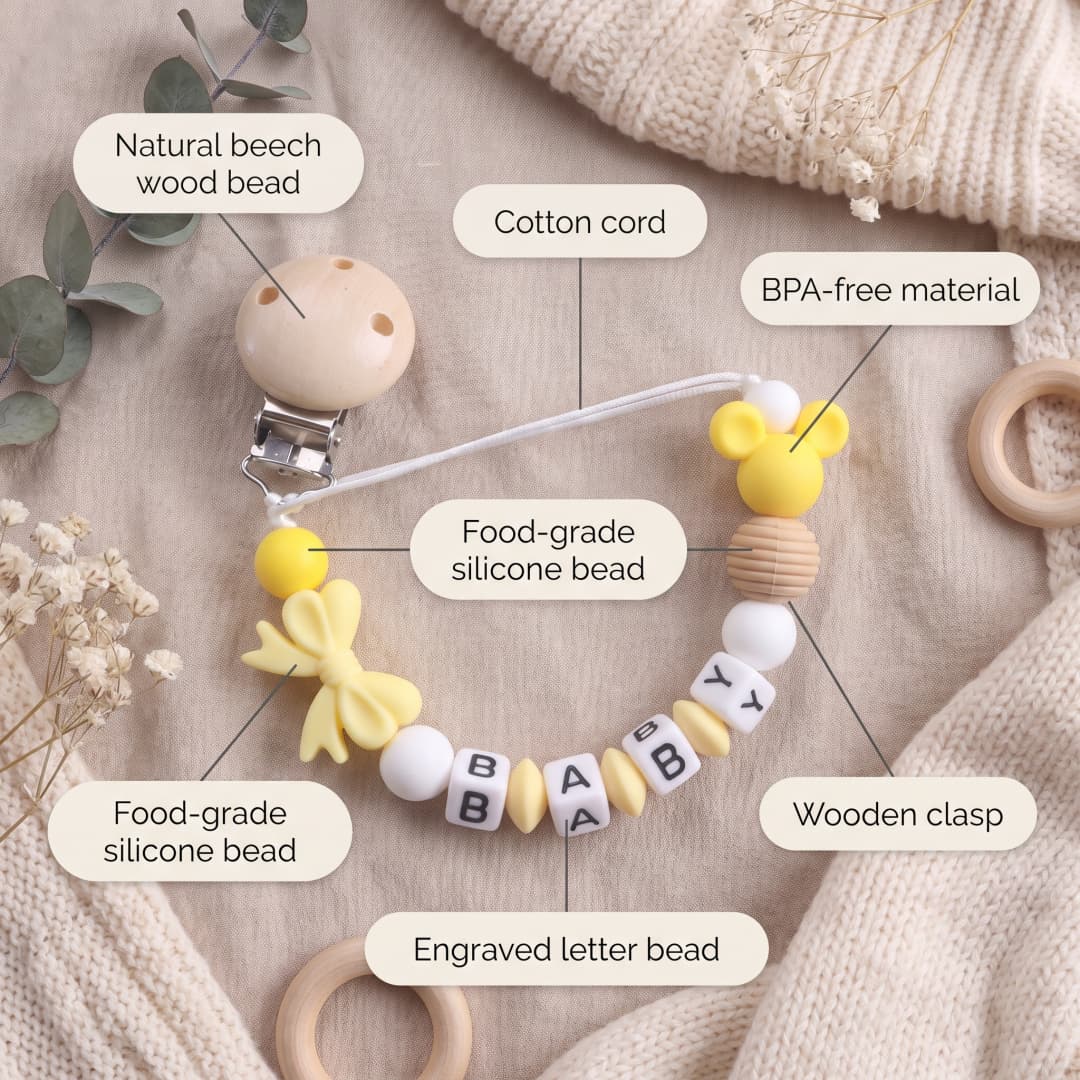 シリコン製ベビー歯固めホルダー、カスタム名入り、黄色いリボン - Baby Food Yellow のレビューと価格
