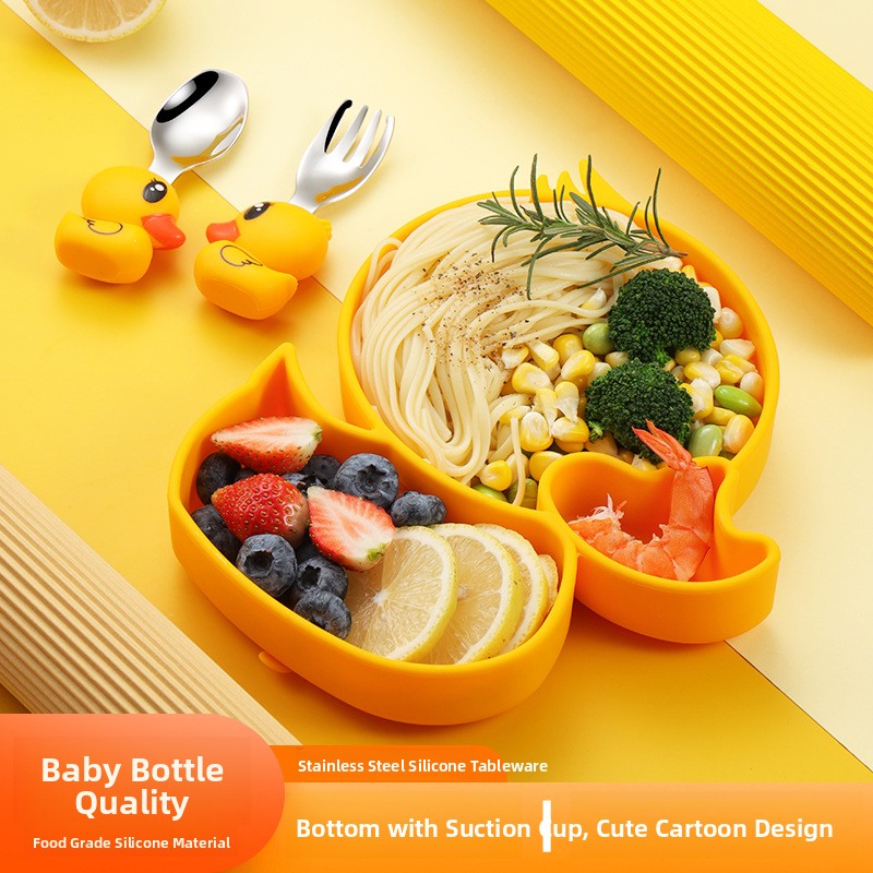 イエローダックシリコンステンレス鋼子供用食器セットベビー補助 - Baby Food Yellow のレビューと価格
