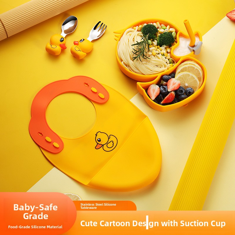 イエローダックシリコンステンレス鋼子供用食器セットベビー補助 - Baby Food Yellow のレビューと価格