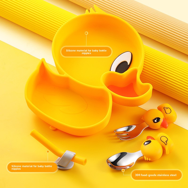 イエローダックシリコンステンレス鋼子供用食器セットベビー補助 - Baby Food Yellow のレビューと価格